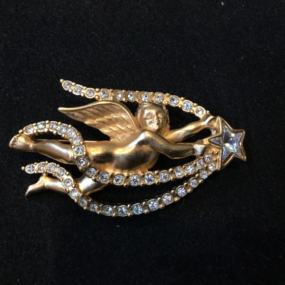Jewelry - SWAROVSKI SWAN Signed Gold Tone Clear Crystal ANGEL STAR Pin Brooch
